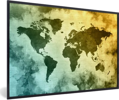 Poster in lijst - Fotolijst 90x60 cm - Posters - Wereldkaart - Groen - Blauw - Posterlijst zwart - Decoratie - Wanddecoratie woonkamer - Muurdecoratie slaapkamer