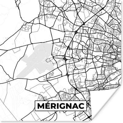 Poster Frankrijk - Kaart - Plattegrond - Stadskaart - Mérignac - Zwart wit - 100x100 cm XXL