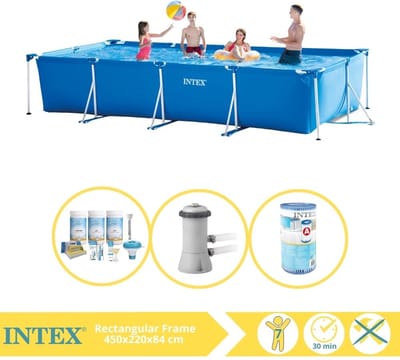 Intex Rechthoekig Frame Zwembad - 450 x 220 x 84 cm - Blauw - Inclusief Onderhoudspakket - Zwembadfilterpomp - Filter - 4-delig