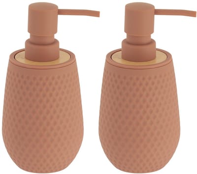 Tendance zeeppomp honeycomb - 2x - bruin - 280 ml - D8 x H17 cm - rubber/bamboe - zeep dispenser
