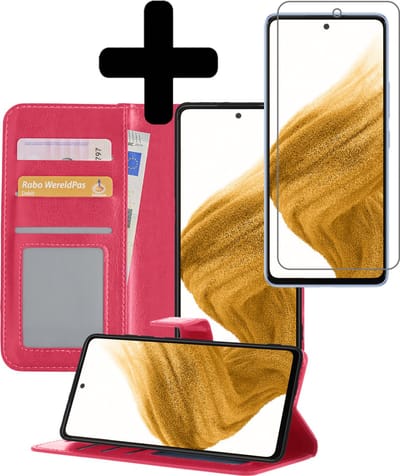 Hoesje - Met Screenprotector - Geschikt voor Samsung Galaxy A53 - Luxe Pasjeshouder - Bookcase Portemonee - Flip Case - Kunstleer Book Case - Flipcase - Book Cover - Walletcase - Portemonneehoes - Telefoonhoesjes - Donkerroze