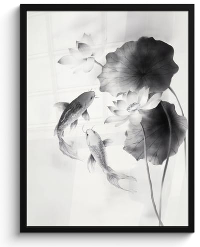 Poster in lijst - Fotolijst 50x70 cm - Posters - Lotusbloemen - Vissen - Bladeren - Zwart - Posterlijst zwart - Decoratie - Wanddecoratie woonkamer - Muurdecoratie slaapkamer
