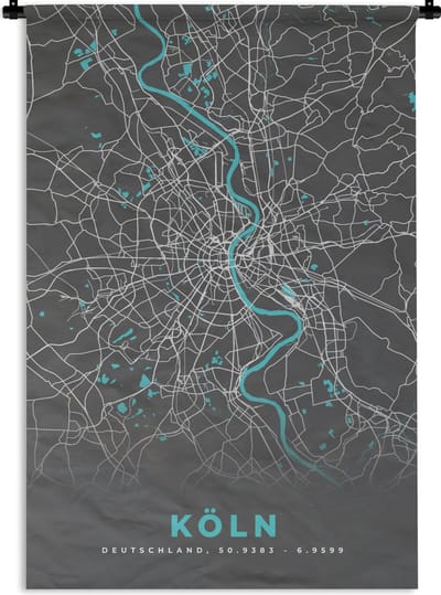 Wandkleed - Wanddoek - Duitsland – Blauw – Köln – Stadskaart – Kaart – Plattegrond - 120x180 cm - Wandtapijt