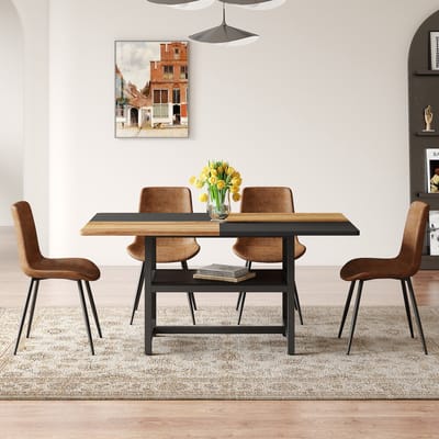 MODFU - Eethoek - Met Opbergplank En 4 Stoelen - Modern Industrieel - Voor Eetkamer - MDF En Metaal - Bruin En Zwart - 160 Cm