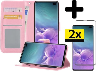 Hoesje - Met 2x Screenprotector - Geschikt voor Samsung Galaxy S10 - Luxe Pasjeshouder - Bookcase Portemonee - Flip Case - Kunstleer Book Case - Flipcase Hoes - Book Cover - Walletcase - Portemonneehoes - Telefoonhoesjes - Lichtroze