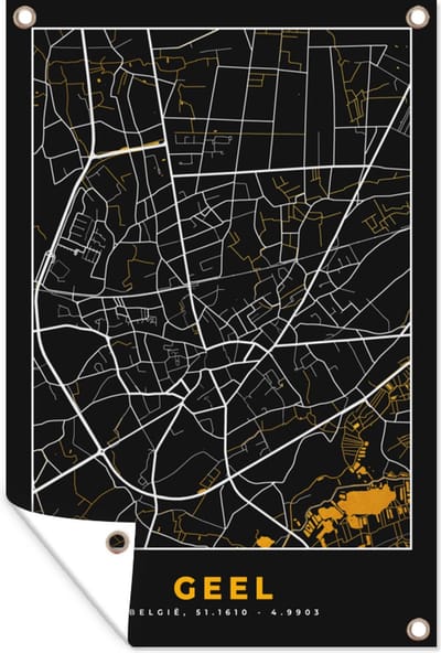Muurdecoratie Geel - Stadskaart - Kaart - Goud - Plattegrond - 120x180 cm - Tuinposter - Tuindoek