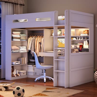 Hoogslaper 90x200 cm met ingebouwd bureau - kledingkast - lade en planken - LED-verlichting met USB-aansluiting - wit voor kleine kamers