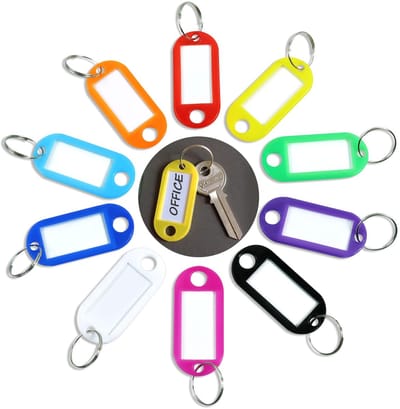 30 stuks beschrijfbare sleutelhangers, 2,2 x 5 cm, sleutellabel, kunststof sleutelhangers, sleutelringhouder met label, verwisselbare etiketten in 10 kleuren
