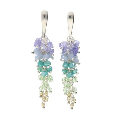 Bela Donaco - Oorbellen Wrap Wire – Tanzaniet – Angeliet – Tsjechisch Glas – Sterling Zilver