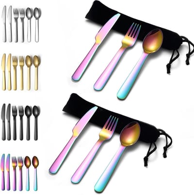 Camping Bestek Set met Mes, Vork en Lepel - Roestvrijstalen Bestek met Titanium Regenboog Coating, Inclusief Zwarte Opbergtas, Geschikt voor Buiten, Picknick en Kamperen, Vaatwasserbestendig