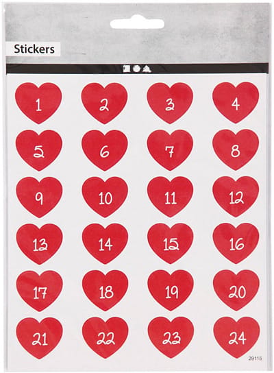 Rode Stickers - Harten Met Cijfers 1-24 - DIY Advent Stickers Voor Kaarten - 15x16,5cm - Decoratie Voor Kerst of Valentijn - 1 Vel