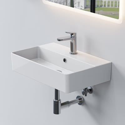 HOROW Wastafel -Wandmontage Keramiek - Glans Wit - 56x36x12 cm - Badkamer Wasbak - Wit-met kraangat en overloop