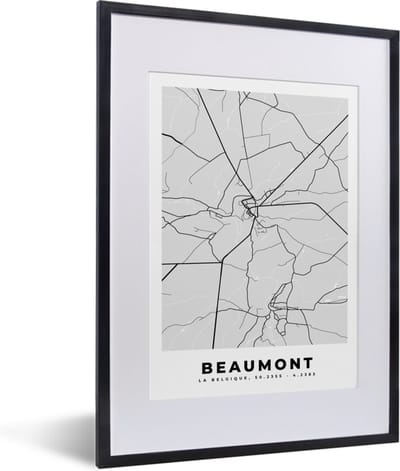 Fotolijst incl. Poster Zwart Wit- Plattegrond – Beaumont – Zwart Wit – Stadskaart - Kaart - 30x40 cm - Posterlijst
