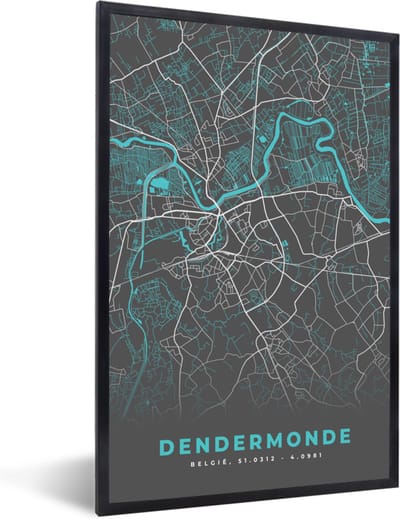 Fotolijst incl. Poster - Stadskaart – Grijs - Kaart – Dendermonde – België – Plattegrond - 40x60 cm - Posterlijst