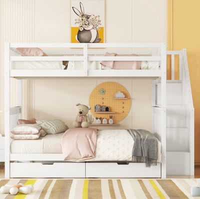 MEUNIQ stapelbed 140x200 cm met trapkast, 2 lades en hoge uitvalbeveiliging, wit kinderbed voor de kinderkamer, van grenenhout en MDF