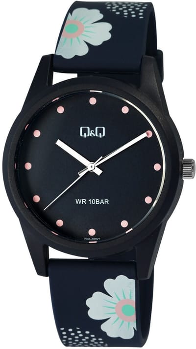 Q&Q V08A-003VY - Horloge - Sport - Analoog - Dames - Vrouwen - Kinderen - Plastic band - Rond - Kunststof - Stippen - Bloemen - Donkerblauw - Multikleur - 10 ATM