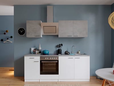 Goedkope keuken 210 cm - complete keuken met apparatuur Malia - Wit/Beton - soft close - keramische kookplaat - afzuigkap - oven - spoelbak
