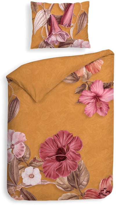 Heckettlane Dekbedovertrek Malu - Dekbed met instopstrook - Oranje - Dekbedovertrek van 100% Katoen-Satijn - Bloemen - 140x200-220 cm + 1 sloop 60/70 cm