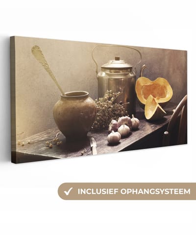 Canvas schilderij 40x20 cm - Wanddecoratie Stilleven - Pompoen - Knoflook - Pan - Tafel - Muurdecoratie woonkamer - Slaapkamer decoratie - Kamer accessoires - Schilderijen op canvas