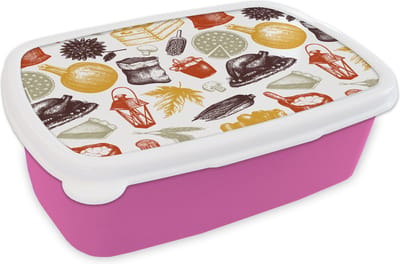 Broodtrommel Roze - Lunchbox - Brooddoos - Thanksgiving - Patronen - Dinner - 18x12x6 cm - Kinderen - Meisje