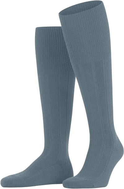 FALKE Lhasa Rib lang eenkleurig wol kasjmier kniekousen heren blauw - maat 39-42