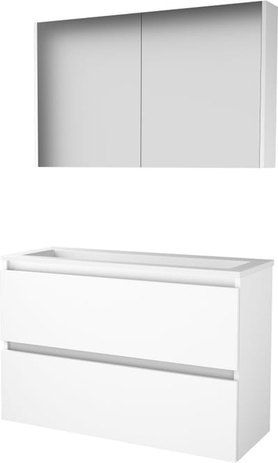 Basic Comfort 39 badmeubelset met spiegelkast, greeploze wastafelonderkast met 2 lades en acryl wastafel zonder kraangaten 100 x 39 cm, ice white