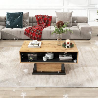 REDOM Salontafel met natuurlijke eikenhoutnerf, grepenloze lade en dubbelzijdige opbergruimte – 100×47×60 cm, melamine naturel