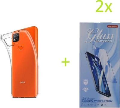 Hoesje Geschikt voor: Xiaomi Redmi 9C Transparant TPU Silicone Soft Case + 2X Tempered Glass Screenprotector