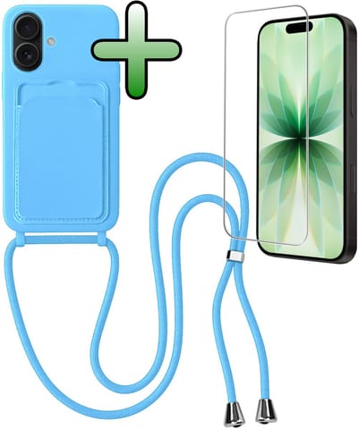 Hoes Geschikt voor iPhone 17 Hoesje Pas Houder Case Hoes Met Koord Met Screenprotector - Hoesje Geschikt voor iPhone 17 Hoes Met Telefoonkoord Pasjeshouder Cover - Lichtblauw