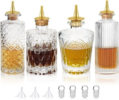 Glazen Bitters Fles Set van 4 met Gouden Kurken voor Cocktails en Mixdrankjes