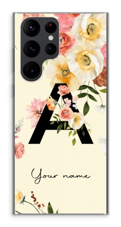 Gepersonaliseerd - Case Company® - Hoesje geschikt voor Samsung Galaxy S22 Ultra hoesje - Flirty Flowers Monogram - Soft Cover Telefoonhoesje - Bescherming aan alle Kanten en Schermrand