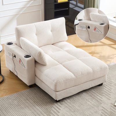 Fauteuil met palmbladmotief, zachte gestreepte kussens, armleuning met verrijdbare kussens, hoofdsteun, drie bekerhouders en een zijvak; geschikt voor zowel de woonkamer als de slaapkamer; beige