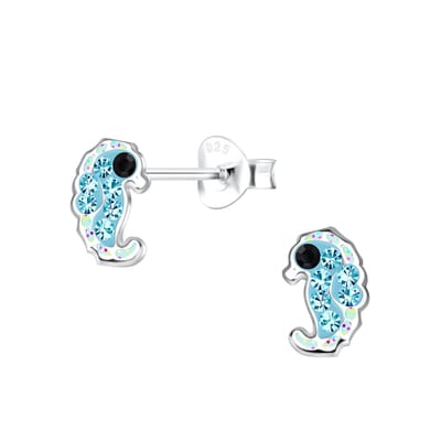 Oorbellen meisje zeepaardje - zilver - licht blauw - glitter