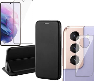 Hoesje geschikt voor Samsung Galaxy S21 FE - Book Case Kunstlederen Wallet Cover Minimalistisch Pasjeshouder Hoes Zwart - Tempered Glass Screenprotector - Camera Lens Protector