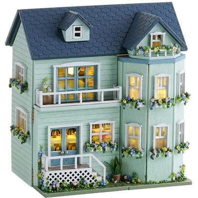 Doe-het-zelf Mini Houten Poppenhuis Met Meubels Licht Poppenhuis Casa Miniature Speelgoed Voor Kinderen Verjaardagscadeaus gray