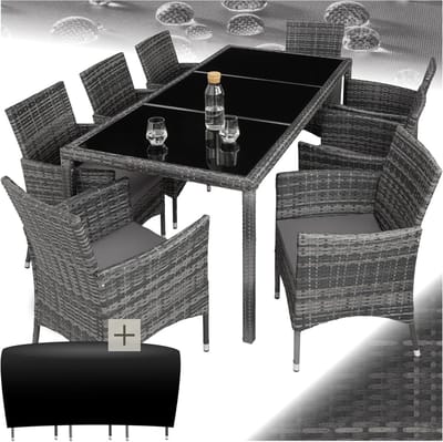 Tuinmeubelset Laura 8-Persoons Polyrotan Outdoor Zitgroep 208x110x83 cm – Stoelen en Tafel Inclusief Kussens en Beschermhoes, Weerbestendig, Modern Design, Voor Balkon, Tuin en Terras – Grijs/Gemêleerd