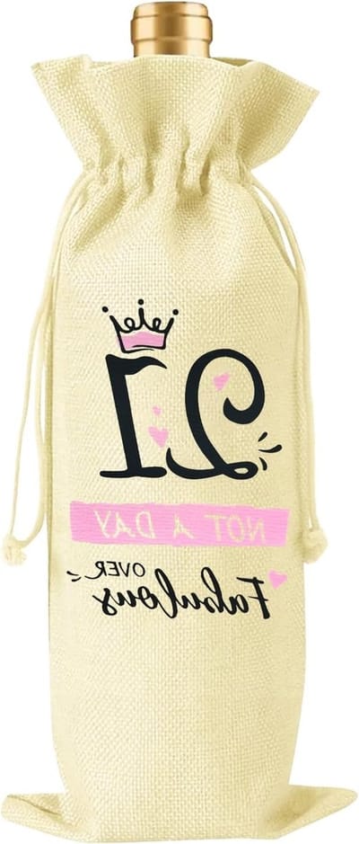 Herbruikbare Jute Wijnfles Tas met Treksluiting voor 21e Verjaardag, Perfecte Verjaardagsdecoratie en Cadeau voor Wijnliefhebbers