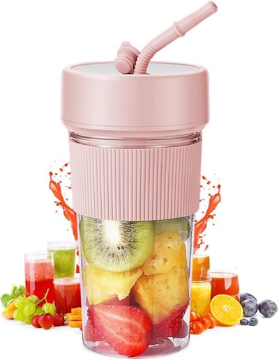 Miniblender – 350 ml Draagbare Persoonlijke Reisblender – 8,8 x 8,8 x 17,4 cm – Ideaal voor smoothies & milkshakes – Inclusief rietje – Smoothiemaker – Ontwerp met 6 messen – Geschikt voor thuis, in de keuken & op reis – Roze