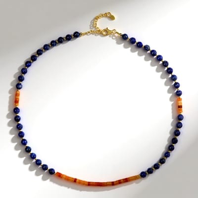 Cavill - Zilveren Halsketting 925 Sterling Zilver Verguld - Lapis Lazuli 62,6 ct & Perzik Aventurijn 13,7 ct - Elegant verstelbaar
