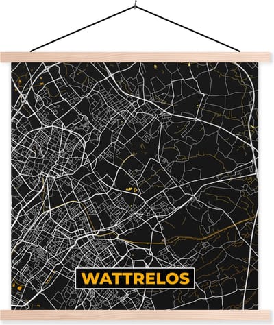 Posterhanger incl. Poster 40x40 cm - Schoolplaat - Plattegrond - Wattrelos - Stadskaart - Frankrijk - Kaart - Textielposter - Blanke latten - Stadskaart