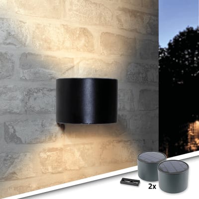 Solar wandlamp buiten 'Emme' - Rond - Set van 2 stuks - Up down light - Warm wit licht (2700K) - IP54 - 20 lumen - Tuinverlichting op zonne-energie - Zwart