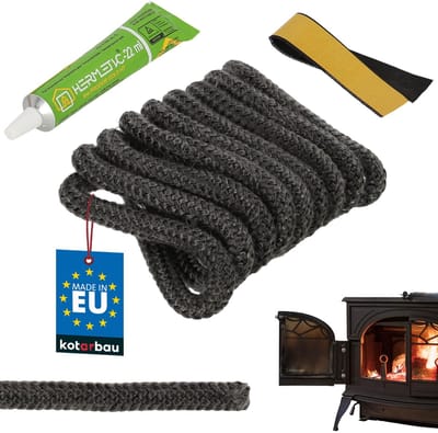 KOTARBAU® Kachelkoord Met Lijm, Ovenafdichtkoord, Glasvezel, ? 10 mm, 2,5 m, Glasvezelkoord, Hittebestendig Afdichtingskoord, Kachelafdichting, Vuurvast Koord, Deurkoord Kachel, Zwart