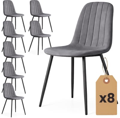 Set van 8 Eetkamerstoelen LUMO / Gestoffeerde Stoelen / Fluwelen Stoelen en Metalen Poten / Antraciet met zwarte benen