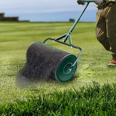 Compoststrooier, 60 cm duurzame veenmosstrooier, gazonroller, lichtgewicht meststrooirol met T-vormig handvat, bovengrondverspreider voor gazon en tuin, wandelen en duwen