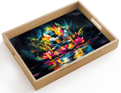 Dienblad hout 40x30 cm - Schootdienblad - Kaarsen - Bloemen - Buddha - Water - Borrelplank rechthoek - Plateau dienbladen