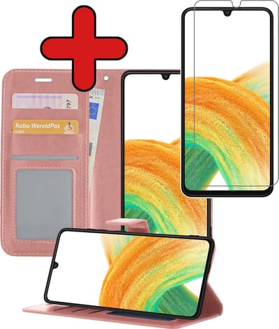 Hoesje - Met Screenprotector - Geschikt voor Samsung Galaxy A33 - Luxe Pasjeshouder - Flipcase - Bookcase Portemonee - Flip Case - Kunstleer Book Case - Book Cover - Walletcase - Portemonneehoes - Telefoonhoes - Rosé goud