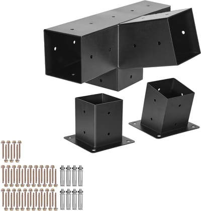 Pergola Kit, 4x4 Inch 4-Weg Hoekige Beugel voor 3.5x3.5 Inch Houten Balken, Duurzame Staal Constructie met Paal en Muur Montage Basis, Ideaal voor Buiten Pergolas, Gazebos en Schuren