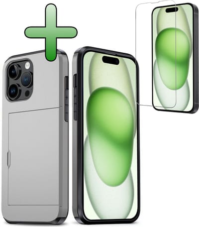 Hoes Geschikt voor iPhone 15 Pro Hoesje Hard Case Met Pas Houder Met Screenprotector - Hoesje Geschikt voor iPhone 15 Pro Hoes Shockproof Hard Cover Met Kaarthouder - Grijs