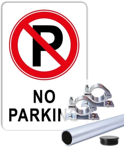 Bord No parking - Weerbestendig Aluminium - 30x45 cm - Bevestiging: Met paal 150 cm + paalbeugels + paaldop