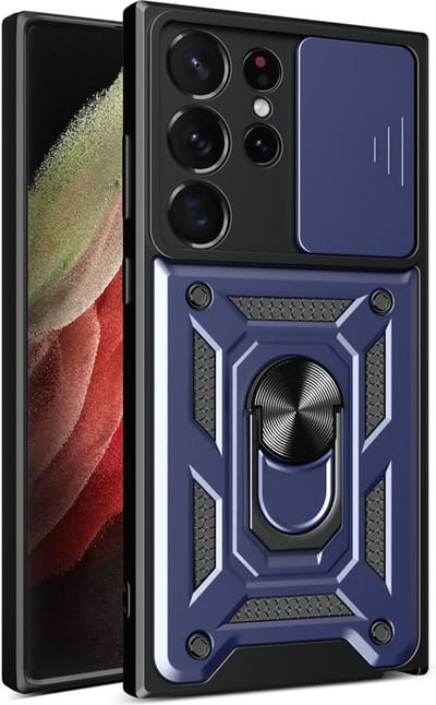 MobyDefend Hoesje - Geschikt voor Samsung Galaxy S23 Ultra - Pantsercase Met Draaibare Ring - Blauw